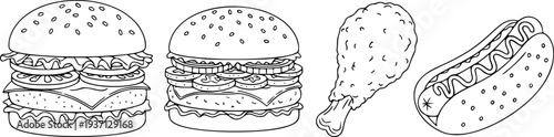 Hand Drawn Line Fast Food Collection Burgers Fried Chicken Leg Hot Dog hamburger
