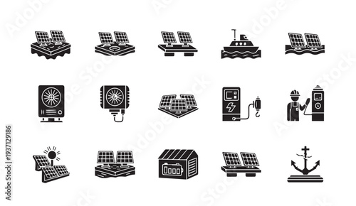 Solar panels and energy storage icons for sustainable power solutions