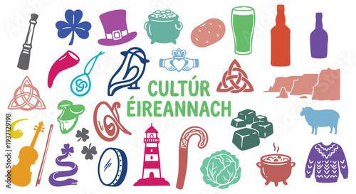 Ireland culture doodle set. Cliffs of Moher, sheep, celtic knot and whiskey icons. Colorful hand drawn sketch style. Vector isolated illustration collection.