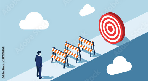 Businessman Facing Obstacles on Path to Target Goal, Overcoming Challenges for Success, Cad Drawing Flat Vector Illustration, Career Achievement Progress