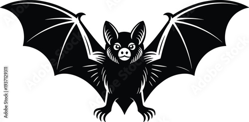 Black Bat Silhouette Spreading Wings Wide Open for Halloween Graphic Design