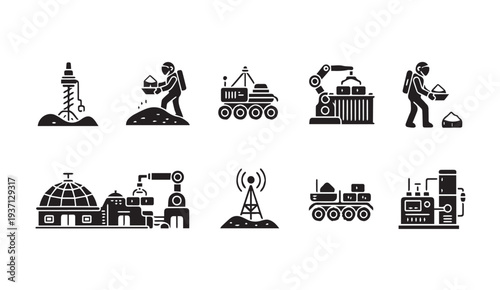 Set of black construction and mining icons on white background