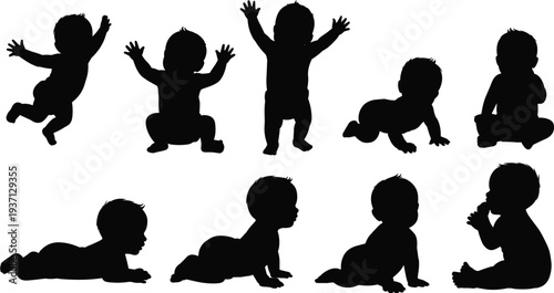 Black silhouette collection of adorable babies in various poses like crawling, sitting, standing, and playing, perfect for nursery decor and childcare-themed graphic design projects.