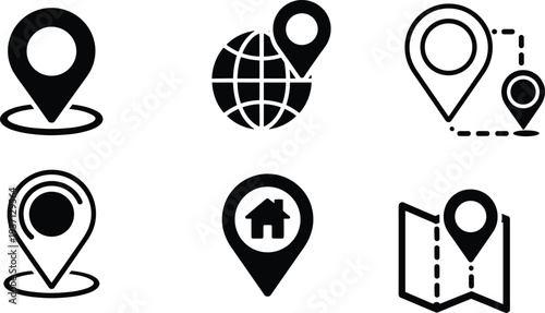 Black icons of location pins globe map and house on white Background Keywords: location pin, map marker, navigation icon, GPS