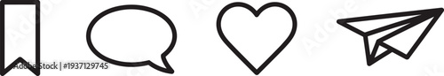 Black Outline Icons of Bookmark, Speech Bubble, Heart, and Paper Airplane ribbon save