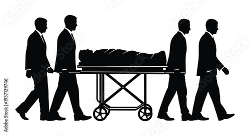 Four men in suits carry a stretcher with a person lying on it depicted in silhouette