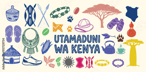 Kenya culture doodle set. Maasai shield, safari hat, hut and acacia tree. Colorful hand drawn sketch icons. Vector isolated illustration collection.
