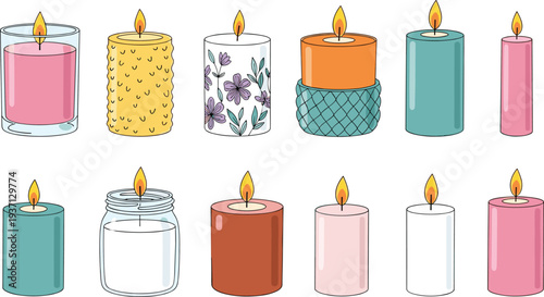 Decorative candles illustration set, scented candle collection with different shapes, cozy home decor elements vector candle icons