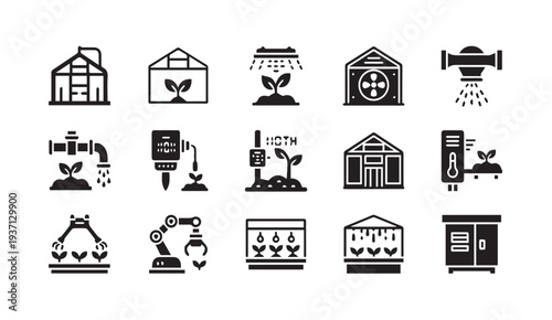 Set of modern greenhouse farming icons for agricultural technology