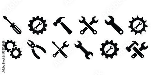 Collection of black tool icons including wrenches screwdrivers hammers and gears tools spanner