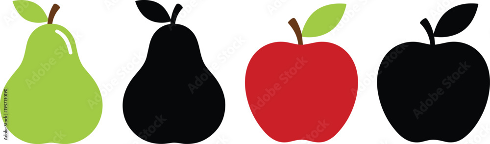 Fototapeta premium Stylized fruit illustration featuring colorful pear and apple with matching black silhouettes, ideal for education, design comparison, visual recognition, and creative stock image projects