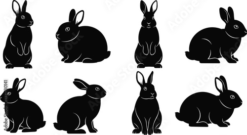 Rabbit silhouettes collection, cute bunny poses set, domestic animal vector illustration, black hare icons bundle, farm pet wildlife silhouette isolated design