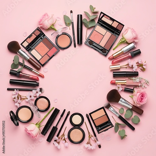 Makeup Collection Arranged in Circle with Roses and Leaves