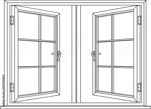 Minimalist Black and White Vector Illustration of an Open Double Casement Window with Glass Panes for Home Architecture Design Projects
