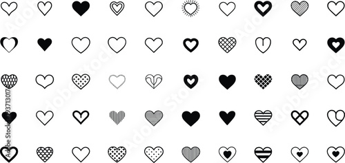 Collection of Diverse Heart Icons in Black and White Outline and Solid Fill symbol love