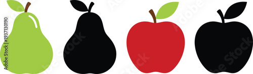 Stylized fruit illustration featuring colorful pear and apple with matching black silhouettes, ideal for education, design comparison, visual recognition, and creative stock image projects