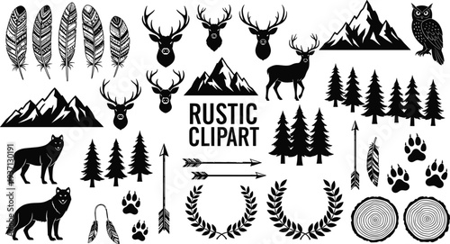 Rustic wildlife clipart collection, forest animals mountains trees feathers arrows silhouettes set, woodland nature elements, outdoor adventure themed vector icons pack