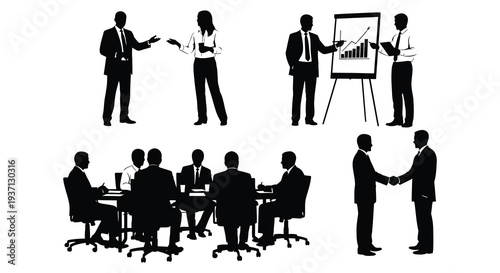 Silhouettes depicting business professionals in meetings presentations and collaborative work environments high quality professional detailed modern