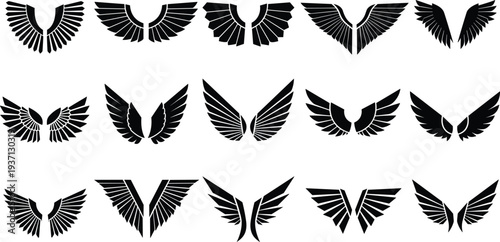 Set of abstract wing icons, black angel wings silhouettes collection, bird wings logo elements, heraldic wing symbols, tattoo style wing shapes vector pack