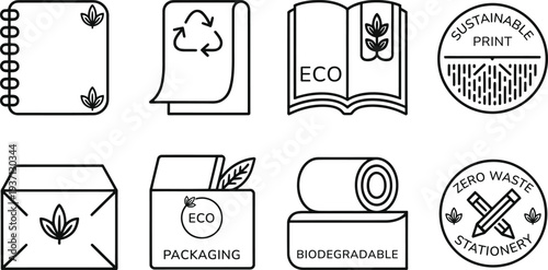 Eco friendly stationery icons with biodegradable and sustainable print labels