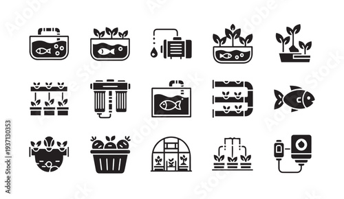 Aquaponics and hydroponics icons for sustainable agriculture and eco friendly systems