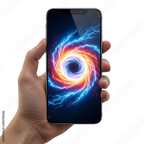 Hand holding smartphone with vibrant swirling light display on screen