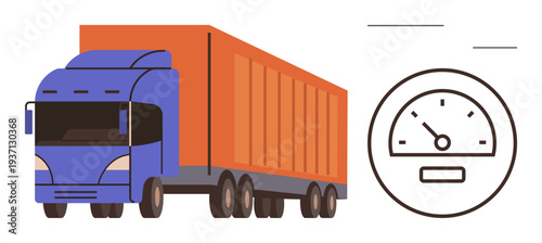 Freight transport, logistics management, delivery services, cargo efficiency, transportation systems, global trade. A cargo truck and a speedometer icon. Freight transport and logistics management