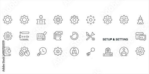 Collection of line art icons for setup and settings on a white background outline symbol