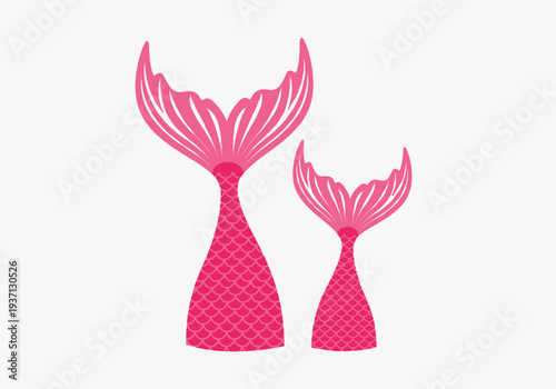 Vibrant pink mermaid tails with scaled patterns and fin details a white background