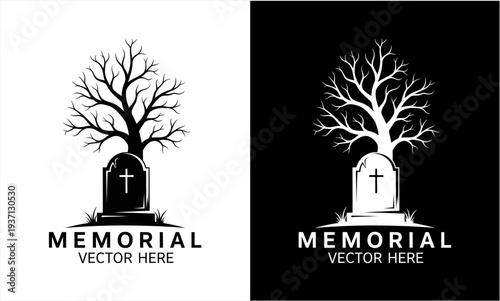 Memorial Gravestone with Barren Tree Silhouette Design.