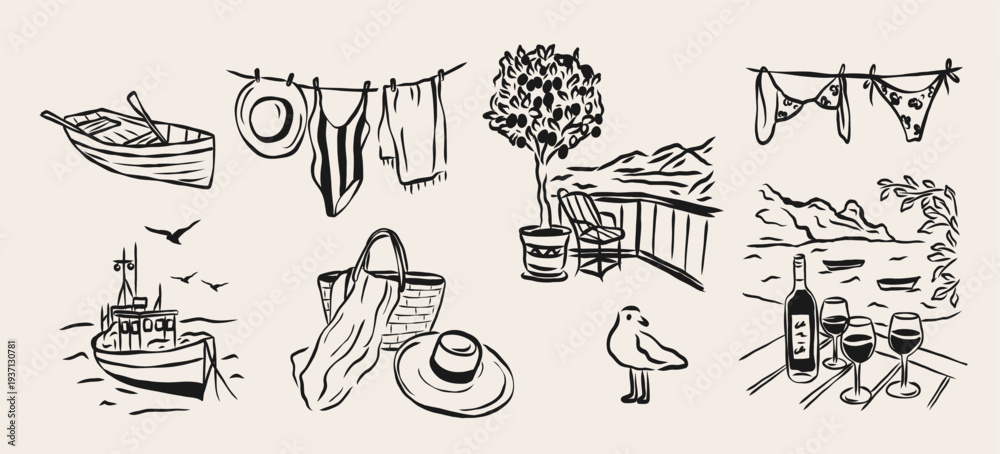 Fototapeta premium Hand drawn retro marine vacation elements collection