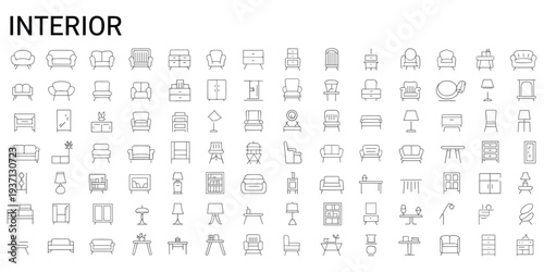 Collection of line art icons representing various furniture and interior design elements vector illustration