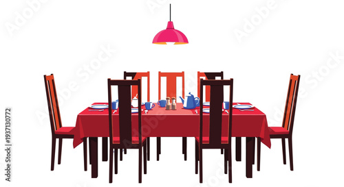 A formally set dining table with red tablecloth chairs and a hanging red lampshade high quality