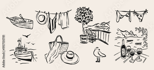 Hand drawn retro marine vacation elements collection