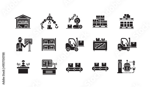 Warehouse and factory icons for logistics and manufacturing concepts