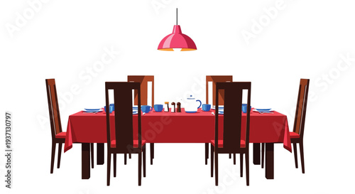 A formally set dining table with chairs illuminated by a red lampshade overhead high quality professional
