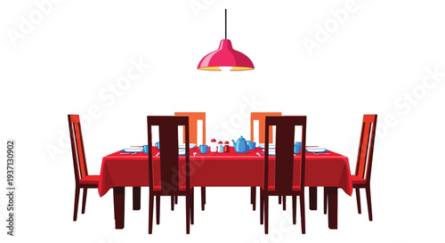 A formally set dining table with red tablecloth and chairs illuminated by a hanging lamp