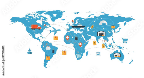 Global Logistics & E-commerce Map: World Supply Chain Network, International Shipping, and Digital Trade Illustration