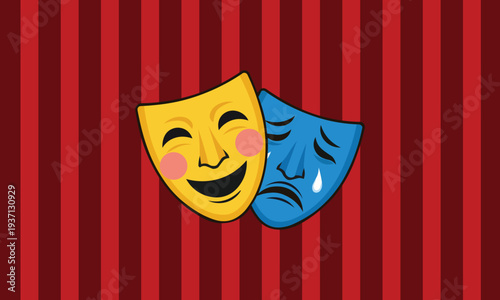 Comedy And Tragedy Theater Masks Vector Illustration On Red Striped Curtain Background Happy Sad Drama Faces Yellow Blue Classic Symbol