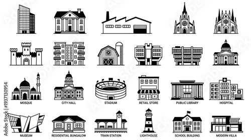 Collection of black and white architectural building icons.