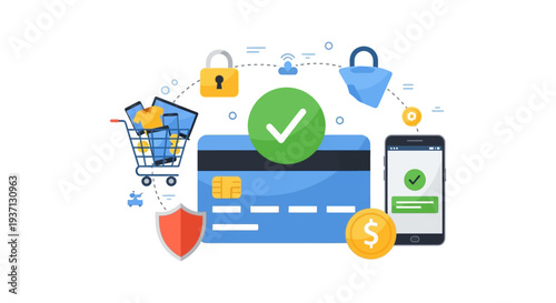 Secure Online Payment & E-commerce Transaction System. Safe Mobile Shopping with Credit Card, Smartphone, and Digital Security Icons.