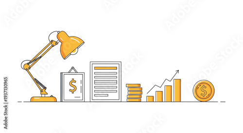Illustration depicting financial growth study and investment with a lamp documents and charts high quality professional