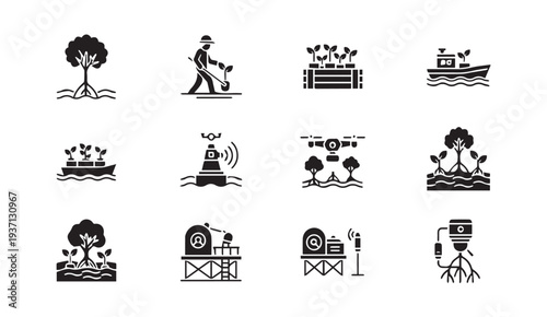 Black icons illustrate eco-friendly technology and sustainable practices