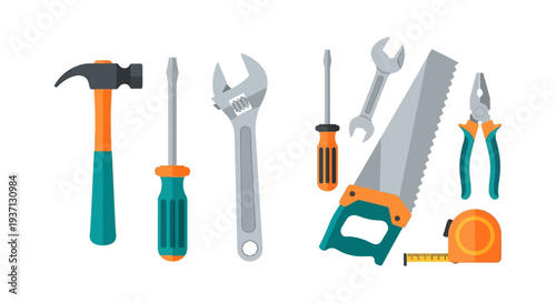 Essential Hand Tools Vector Set for Home Improvement, DIY, and Repair in Flat Design Style