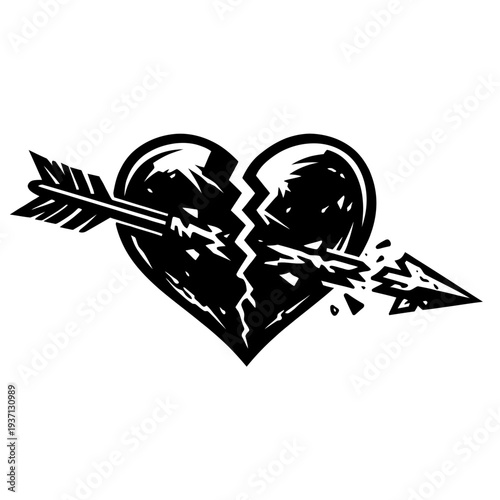 Stylized monochrome vector art depicting a broken heart, split in two by a powerful arrow piercing through it, shattering the symbol of love and illustrating themes of deep emotional pain, heartbreak,