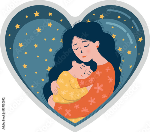 A big heart. Mom holds a sleeping baby in her arms. A cute vector illustration of a mother's love for her child. Her son sleeps against a starry night sky.