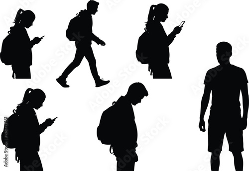 Silhouette of young people using smartphones while walking, standing, or reading messages, representing digital lifestyle and modern technology