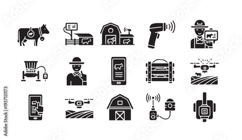 Smart farming technology icons for modern agriculture and livestock management