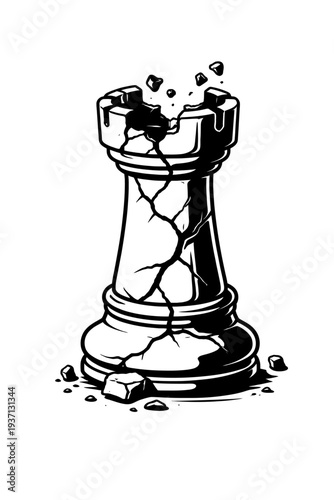 Broken chess rook, monochrome vector, cracked, shattered, its fortress-like structure visibly crumbling with scattered debris, symbolizing strategic defeat, fragility of power, and enduring resilience