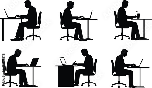 Silhouette office worker at desk with laptop, writing, drinking, remote work, business teamwork, productivity, workplace scene